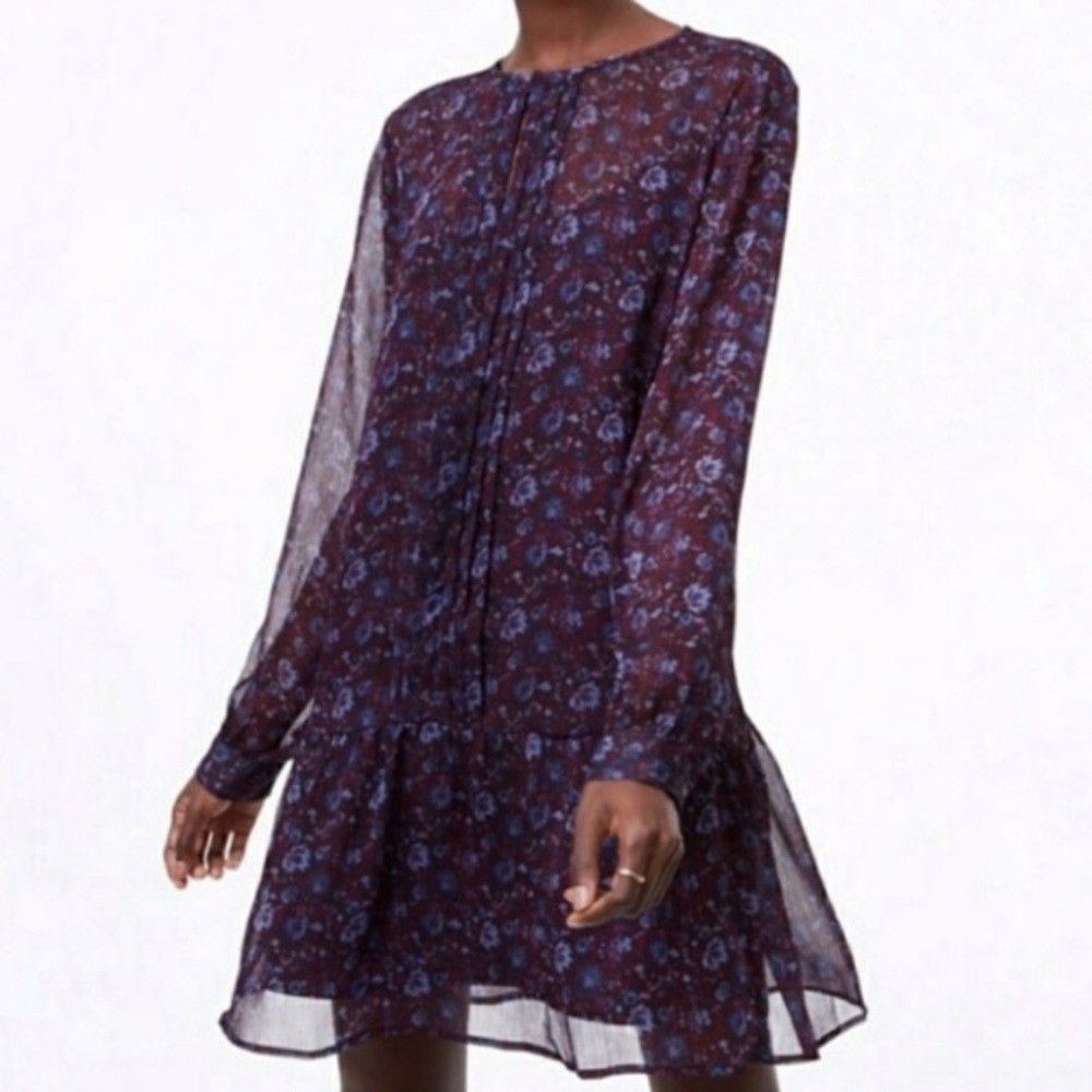 Loft Ruffle Shirt Dress Floral Purple Blue S